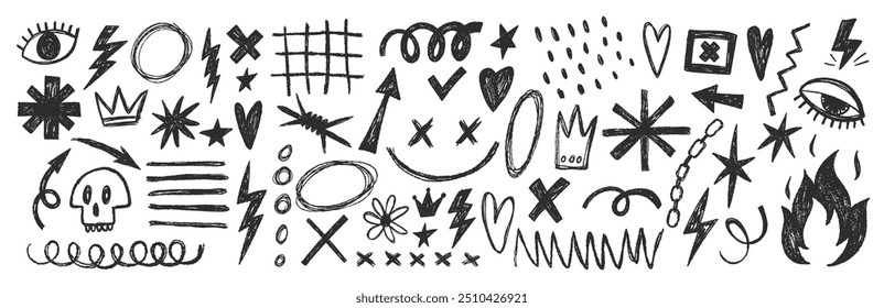 Grange punk elements with chalk or crayon texture. Hand drawn graffiti shapes. Doodle vector illustration.