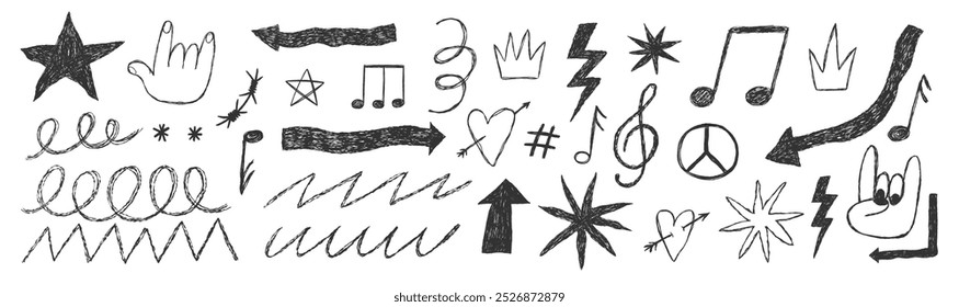 Elementos punk de gama com textura de giz ou lápis de cera. Coração desenhado à mão, coroa, notas musicais e sublinhados. Ilustração vetorial de rabiscar.