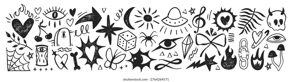 Grange punk elements with chalk or crayon texture. Hand drawn graffiti shapes of fire, eye, heart. Doodle vector illustration.