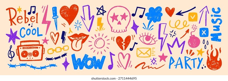 Grange punk elements with chalk, pastel or crayon texture. Hand drawn sketch tattoo shapes. Color vector illustration in retro style.