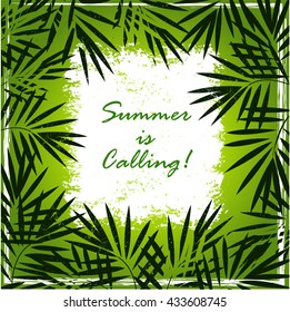 Grange summer background with palm leaves. Palm leaves om the sky background. Tropical pattern.