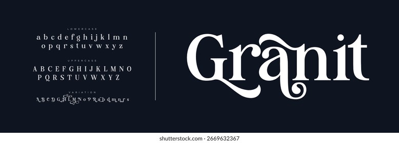 Granit Elegant Font Número en mayúsculas y minúsculas. Tipografía de lujo de letras clásicas serif Fuentes decorativas de la boda vintage logotipos retro, diseño para la moda, tienda de belleza y marca. Ilustración vectorial

