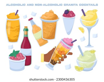 Granita cocktail set. Fresh fruit granita beverage, italian frozen dessert made from sugar, water and various flavorings. Summer sicilian ice drink. Flat vector illustration