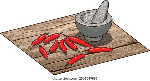 A granite mortar and pestle rests on a rustic wooden platform, with a few vibrant red chilies casually placed nearby, their glossy skins contrasting the stone's rough texture.