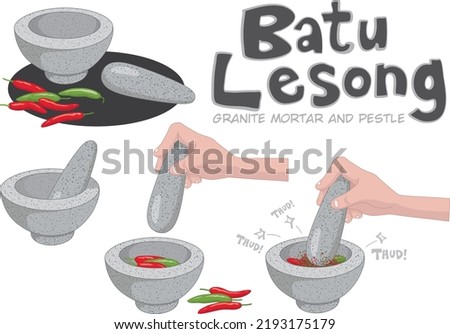 Granite mortar and pestle(better known as Batu Lesong in Singapore and South East Asia) is a traditional cooking utensil for pounding ingredients. Foto d'archivio © 