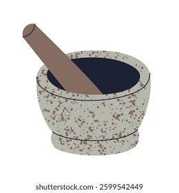 Granite mortar vector illustration, pestle stone tool for spices, culinary use, kitchen herb grinding, seasoning, stone texture, traditional flavor enhancer, recipe accessory flat cartoon icon