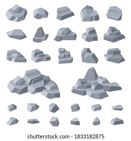 Granite rocks. Stone gravel rock, geology mountain pebble, grey pile of rocks, mountainous stone heap isolated vector illustration icons set. Natural block shapes for building, geology