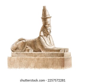 Granite sculpture of the ancient Egyptian sphinx on a pedestal. Vector illustration on a white background. Traced color pencils.