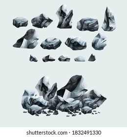 Granitsteinset. Einzeln grobe graue Granitsteine und Schutt-Sammlung. Schwerer Mineralölbohrer. Geologie und Natur, Vektorgrafik