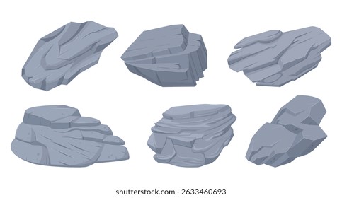 Granite stones. Mountain rock stone heap, boulder rocky stones, granite rocks and grey pebbles vector symbols illustration set. Stones collection