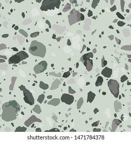 Granite terrazzo flooring seamless pattern. Vector texture of mosaic floor with natural green and gray stones, granite, marble, quartz, concrete. Trendy repeat design for decor, wallpapers, rendering