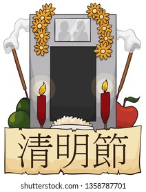 Granite tombstone for a couple decorated with traditional Qingming (written in Chinese calligraphy in the scroll) elements: lighted candles, joss sticks, flowers, apple, rice and qingtuan dumplings.