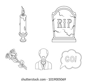 A granite tombstone with an inscription, a mourning candle, a pasteur, a priest, mourning roses. Funeral ceremony set collection icons in outline style vector symbol stock illustration web.