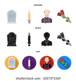 A granite tombstone with an inscription, a mourning candle, a pasteur, a priest, mourning roses. Funeral ceremony set collection icons in cartoon,black,flat style vector symbol stock illustration web.