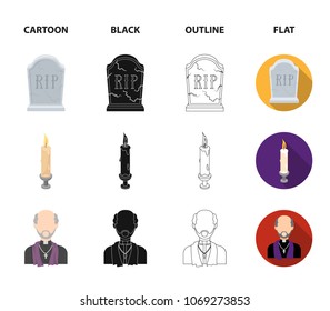 A granite tombstone with an inscription, a mourning candle, a pasteur, a priest, mourning roses. Funeral ceremony set collection icons in cartoon,black,outline,flat style vector symbol stock