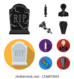 A granite tombstone with an inscription, a mourning candle, a pasteur, a priest, mourning roses. Funeral ceremony set collection icons in black, flat style vector symbol stock illustration web.