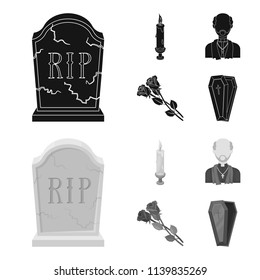 A granite tombstone with an inscription, a mourning candle, a pasteur, a priest, mourning roses. Funeral ceremony set collection icons in black,monochrom style vector symbol stock illustration web.