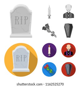 A granite tombstone with an inscription, a mourning candle, a pasteur, a priest, mourning roses. Funeral ceremony set collection icons in monochrome,flat style vector symbol stock illustration web.