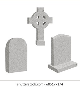 Granite tombstones and the Celtic cross. Objects for newsletter, brochures, postcards, banner for Halloween. Vector illustration, isolated on white background.
