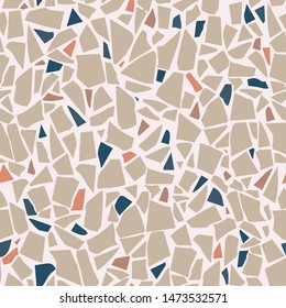 Granito tiles of recycled glass, natural stone, quartz, marble chips,  cement and concrete. Art deco and modern terrazzo design. Kitchen vintage surfaces. Abstract seamless pattern  in beige color.
