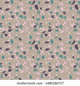 Granito tiles of recycled glass, natural stone, quartz, marble chips,  cement and concrete. Art deco and modern terrazzo design. Kitchen vintage surfaces. Abstract seamless pattern  in grey colour.