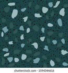 Granito tiles of recycled glass, natural stone, quartz, marble chips,  cement and concrete. Art deco and modern terrazzo design. Kitchen vintage surfaces. Abstract seamless pattern  in blue colour.