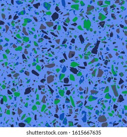 Granito tiles of recycled glass, natural stone, quartz, marble chips, cement and concrete. Art deco and modern design. Kitchen vintage surfaces. Abstract seamless pattern   in blue colour.