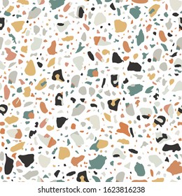 Granito tiles of recycled glass, natural stone, quartz, marble chips,  cement and concrete. Art deco and modern terrazzo design. Kitchen vintage surfaces. Abstract seamless pattern  in white colour.
