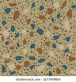 Granito tiles of recycled glass, natural stone, quartz, marble chips,  cement and concrete. Art deco and modern terrazzo design. Kitchen vintage surfaces. Abstract seamless pattern  in brown color.