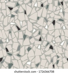 Granito tiles of recycled glass, natural stone, quartz, marble chips,  cement and concrete. Art deco and modern terrazzo design. Kitchen vintage surfaces. Abstract seamless pattern  in gray colour.