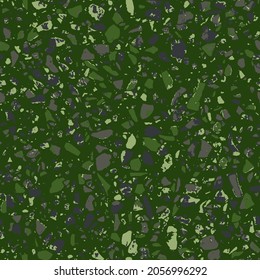 Granito tiles of recycled glass, natural stone, quartz, marble chips, cement and concrete. Art deco and modern design. Kitchen vintage surfaces. Abstract seamless pattern   in green colour.