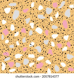 Granito tiles of recycled glass, natural stone, quartz, marble chips,  cement and concrete. Art deco and modern terrazzo design. Kitchen vintage surfaces. Abstract seamless pattern  in orange color.