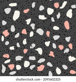 Granito tiles of recycled glass, natural stone, quartz, marble chips,  cement and concrete. Art deco and modern terrazzo design. Kitchen vintage surfaces. Abstract seamless pattern  in white colour.