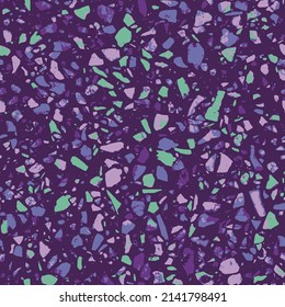 Granito tiles of recycled glass, natural stone, quartz, marble chips, cement and concrete. Art deco and modern design. Kitchen vintage surfaces. Abstract seamless pattern   in purple colors.