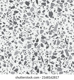 Granito tiles of recycled glass, natural stone, quartz, marble chips, cement and concrete. Art deco and modern design. Kitchen vintage surfaces. Abstract seamless pattern   in grey colour.