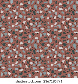Granito tiles of recycled glass, natural stone, quartz, marble chips,  cement and concrete. Art deco and modern terrazzo design. Kitchen vintage surfaces. Abstract seamless pattern  in brown color.