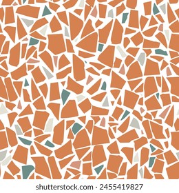 Granito tiles of recycled glass, natural stone, quartz, marble chips,  cement and concrete. Art deco and modern terrazzo design. Kitchen vintage surfaces. Abstract seamless pattern  in brown color.