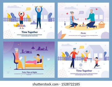Grannies Spend Time Along and with Grandchild Together Motivational Banner Set. Grandmother Reading Fairy Tale at Night. Grandparents Having Picnic on Nature. Vector Cartoon Illustration