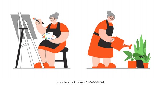 Granny in apron learns to draw with oil paints and watering houseplants. Flat vector illustration set isolated on white background. Elderly education, active retirement, hobby for old people concept.