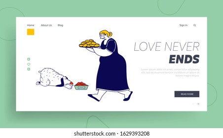 Granny Bake Patties for Family Website Landing Page. Senior Woman Carry Tray with Pile of Fresh Pies. Grandmother Hospitality and Fat Food Web Page Banner. Cartoon Flat Vector Illustration, Line Art
