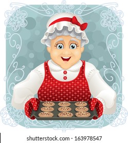 Granny Baked Some Cookies - Vector illustration of a happy granny holding a freshly baked cookies tray. File type: vector EPS AI8 compatible. 