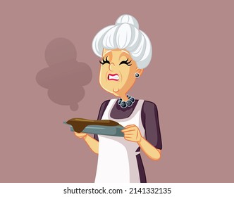 
Granny Baking Failing the Recipe Vector Cartoon Illustration. Senior lady making a mistake burning the lunch feeling frustrated and stressed
