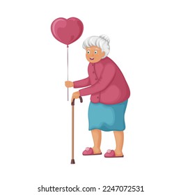 Granny with a balloon in the shape of a heart. A sweet grandmother is holding a balloon in her hands. Cheerful elderly woman with a stick on Valentine s day. Vector illustration