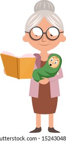 Granny with book, illustration, vector on white background.