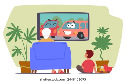 Granny And Boy Enjoy Cartoons Together At Home, Laughing At Colorful Characters And Sharing Joy In Moments Of Togetherness And Bonding Over Animated Adventures. Cartoon People Vector Illustration