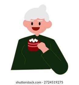 Granny Character Drinking Hot Chocolate Vector