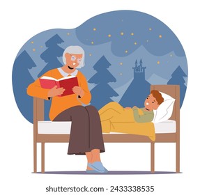 Granny Character Reading Enchanting Fairy Tales to Grandson in Lying Bed, Comforting Voice Lulling A Wide-eyed Child Into A World Of Magical Dreams and Imagination. Cartoon People Vector Illustration