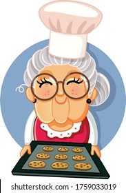 Granny Chef Holding a Tray of Homemade Cookies. Vector illustration a cute granny with a tray of sweets 
