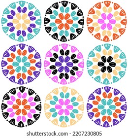 Granny circle crochet seamless pattern. Colorful round motifs background.