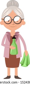 Granny cleaning, illustration, vector on white background.